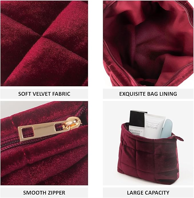 HFLZBRO Puffy Quilted Makeup Bag, Cosmetic Bag, Travel Toiletry Organizer Pouch, Clutch for Women(Wine Red - Velvet)
