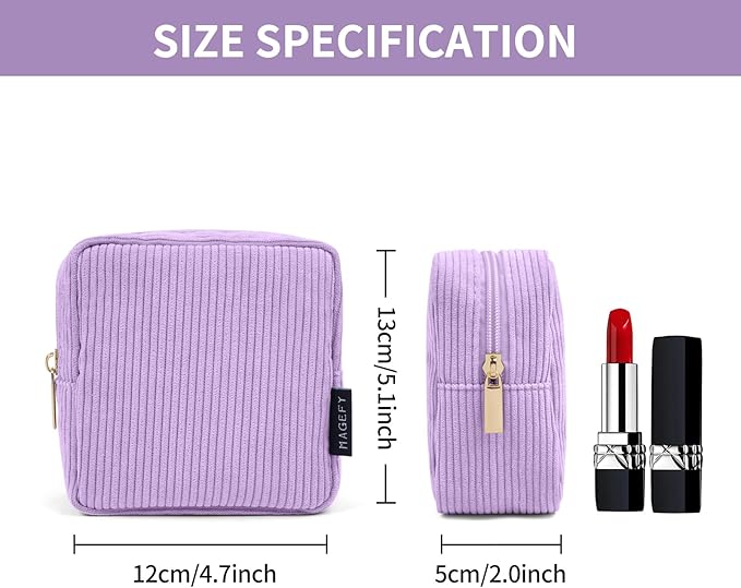 MAGEFY Small Makeup Bag Mini Cosmetics Bag Makeup Bag for Purse Corduroy Cute Cosmetic Pouch for Women with Slip-in Pockets (Purple)