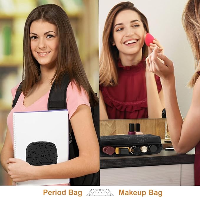 Likesing Period Bag for Teen Girls, Leather Sanitary Napkin Storage Bag, Portable Menstrual Pad Bag Period Pads Pouch, Small Make Up Bags(Black*G)