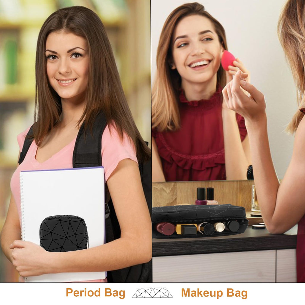 Likesing Period Bag for Teen Girls, Leather Sanitary Napkin Storage Bag, Portable Menstrual Pad Bag Period Pads Pouch, Small Make Up Bags(Black)