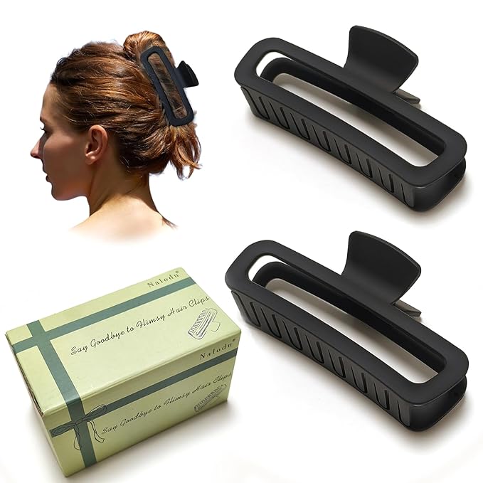 Nalodu Hair Claw Clips 5 Inch Unbreakable Black XL Large Square Rectangle Clip Clamp for Thick Curly Long Hair Women - 2 Pack