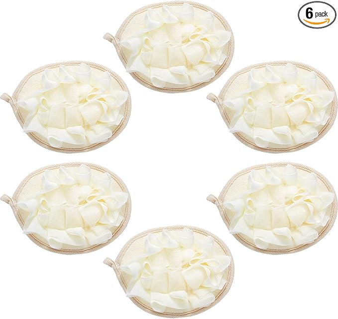 Boao 6 Pcs Bath Shower Pouf Sponge Mesh Pouf Shower Ball Exfoliating Body Sponge Pad Scrubber Glove with Flower Bath Ball (Beige)