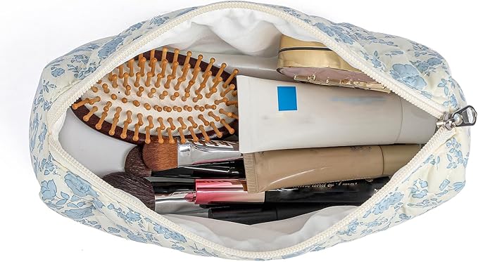 HHQQWZ Makeup Bag Travel Cosmetic Bag for Women Girls, Zipper Make Up Pouch, Floral Flowers Toiletry Organizer Makeup, Portable Storage Cosmetic Travel Cloth Bag (L/Blue Floral)