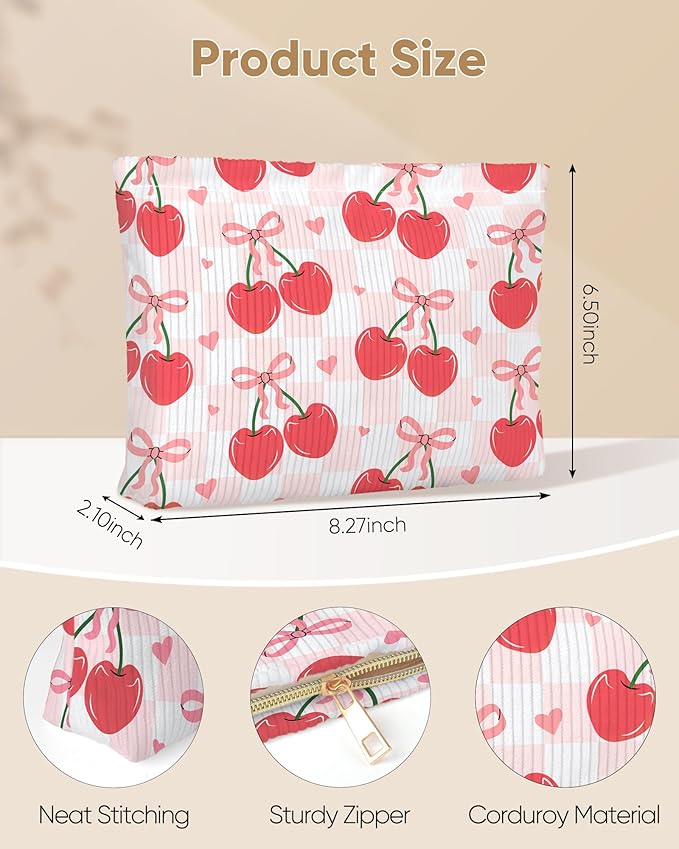 Ksriylm Cute Red Plaid Cherry Bow Knot Makeup Pouch for Women Small Make Up Check Cherries Bows Bag for Purse Zipper Initial Makeup Cosmetic Bags Pouches for Purse Aesthetic Travel Toiletry Bags