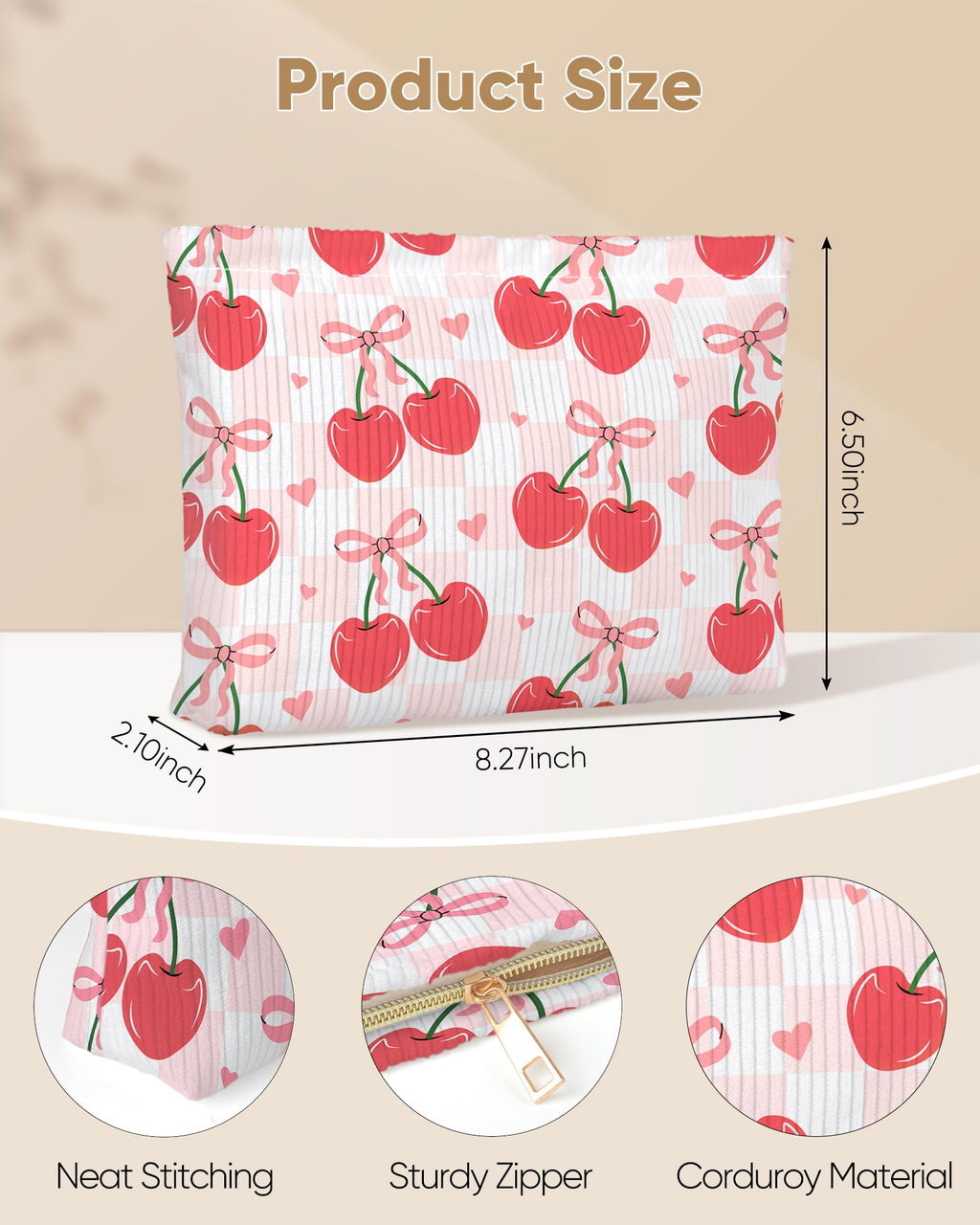 Ksriylm Cute Red Plaid Cherry Bow Knot Makeup Pouch for Women Small Make Up Check Cherries Bows Bag for Purse Zipper Initial Makeup Cosmetic Bags Pouches for Purse Aesthetic Travel Toiletry Bags