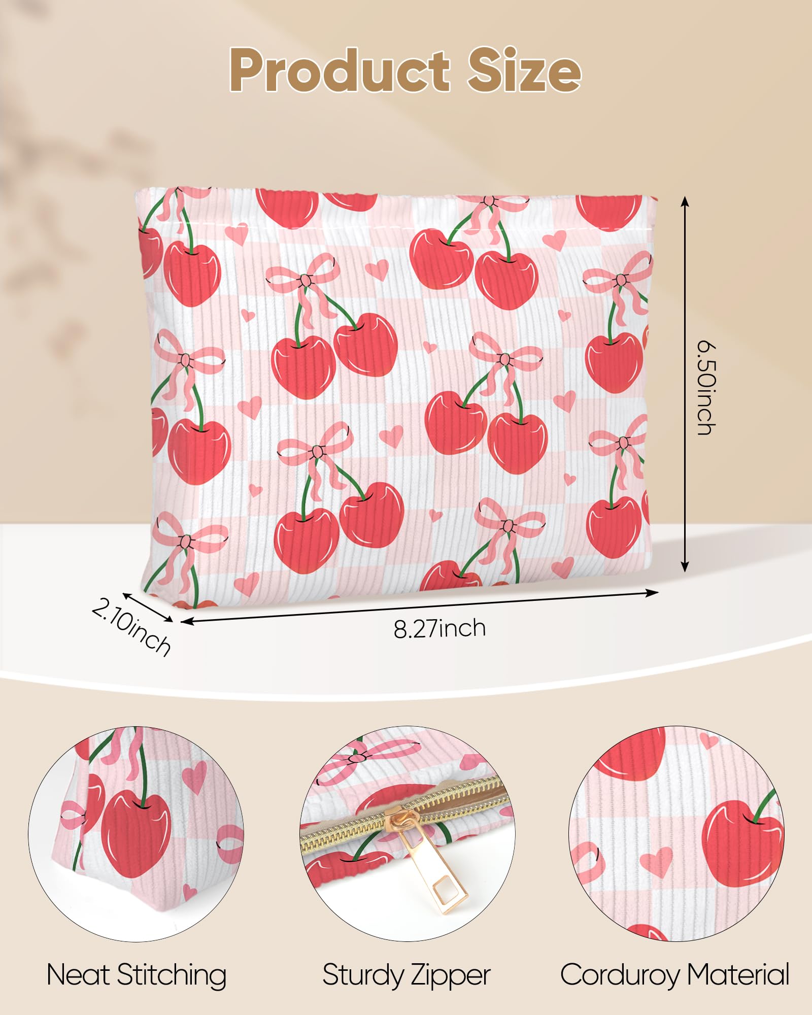 Ksriylm Cute Red Plaid Cherry Bow Knot Makeup Pouch for Women Small Make Up Check Cherries Bows Bag for Purse Zipper Initial Makeup Cosmetic Bags Pouches for Purse Aesthetic Travel Toiletry Bags