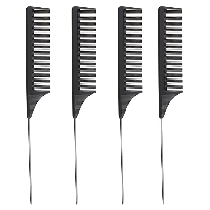 4 Pack Carbon Fiber Rat Tail Combs - Carbon Fiber, Stainless Steel Pintail, Heat Resistant, Hair Comb Set for Braiding, Parting, and Styling, 9 Inches Long - Black Combs for Women and Men