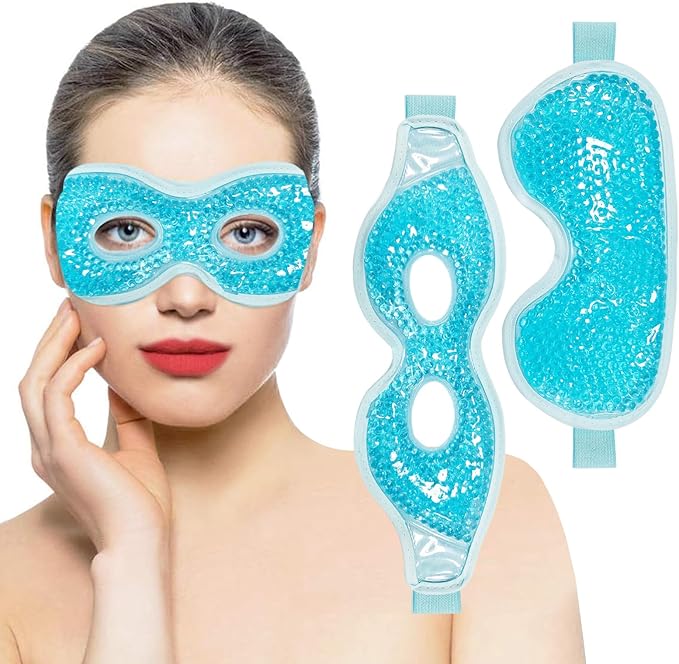 Ruzzut Cooling Gel Eye Mask, 2 PCS Reusable Eye Bead Pad & Cool Compress for Puffy Dry Eye, Cold Eye Ice Mask Gel Pack with Plush Backing for Migraine & Stress Relief, Blue