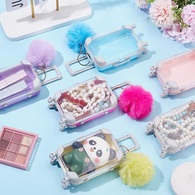 SOFPLATE 6Pcs Mini Suitcase Box Empty Candy Boxes Small Tiny Plastic Cosmetic Luggage Colorful Plush Fur Ball Keychain Reusable Gift Holder Storage Case for Eyelashes Candy Makeup False Lash Travel