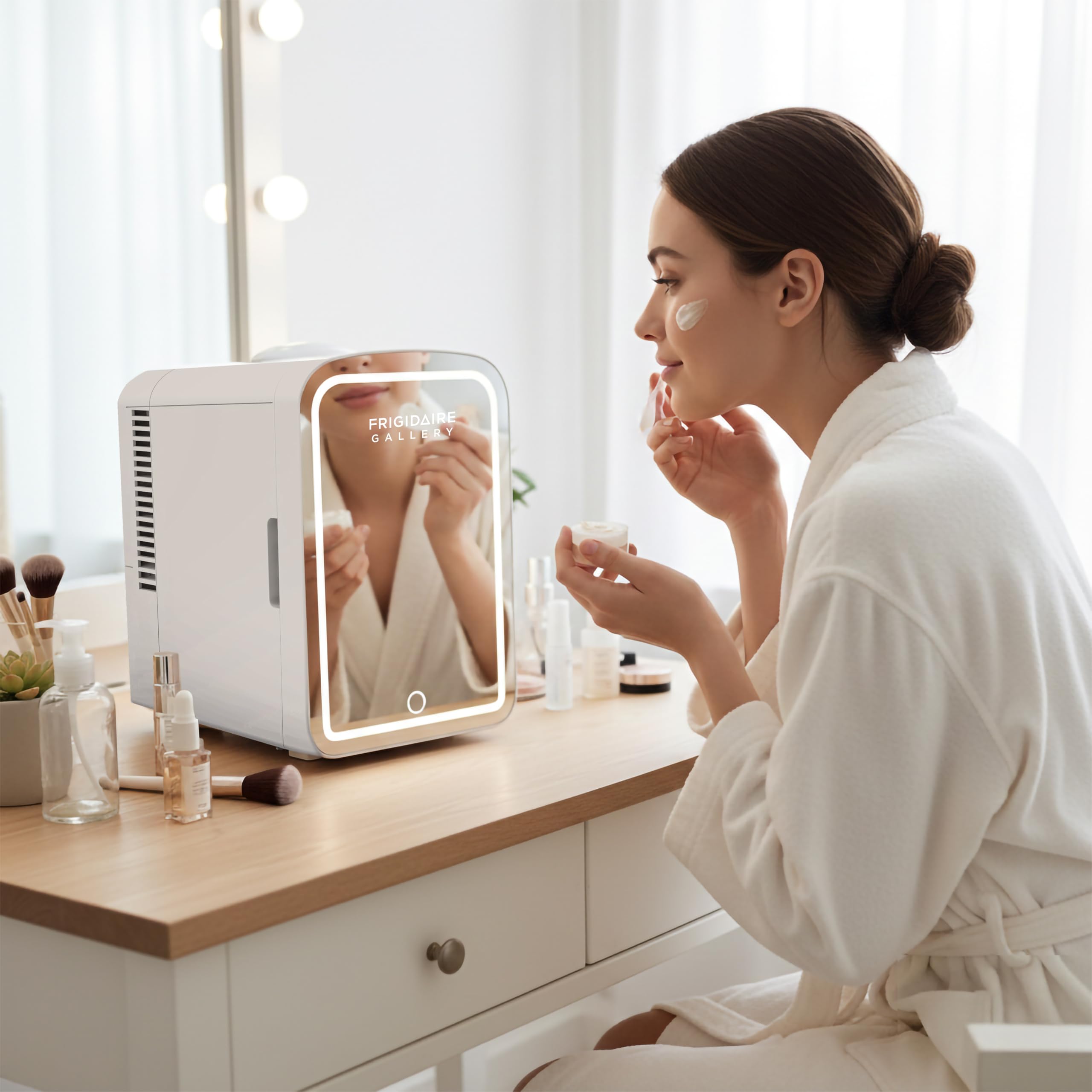 Frigidaire Mini Personal Fridge Cooler, LED Lighted Mirror, 6.5L Capacity, Chills 9 Cans, or Makeup and Skincare, Portable & Compact