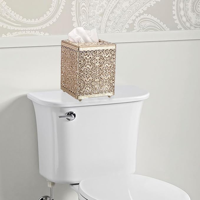 Sumnacon Tissue Box Cover Square Tissue Box with Lid, Metal Tissue Box Holder Stylish Tissue Cover Cube Tissue Box Cover for Bathroom Toilet Kitchen Table Desk Home Office, Gold