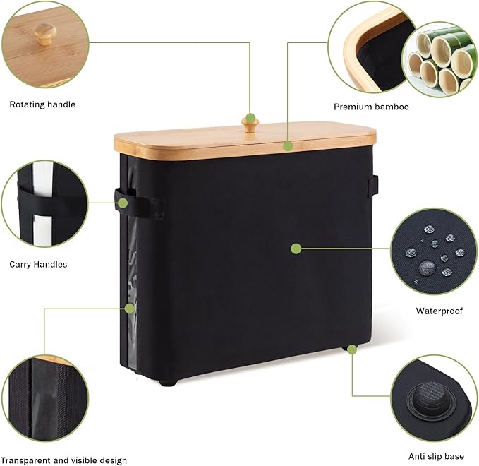 VVTHIP Bathroom Toilet Paper Storage Basket with Lid and Handle， Bamboo Collapsible Toilet Paper Holder Storage with Non-Slip Bottom,Extra Toilet Roll Storage, Black