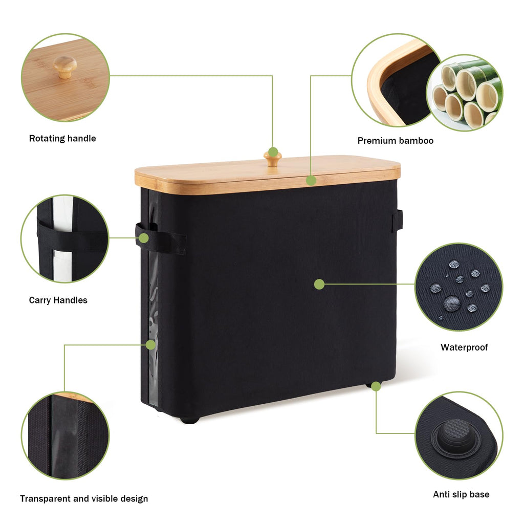 VVTHIP Bathroom Toilet Paper Storage Basket with Lid and Handle， Bamboo Collapsible Toilet Paper Holder Storage with Non-Slip Bottom,Extra Toilet Roll Storage, Black