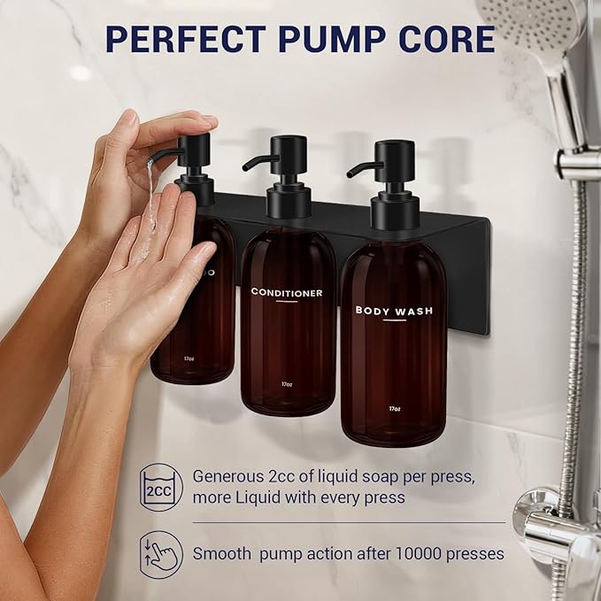 KLL Shampoo and Conditioner Dispenser - Wall Mounted Shower Soap Dispenser - 17oz No-Drill Refillable Plastic Pump Bottles for Bathroom - Includes Soap Dish & Hook (Brown)