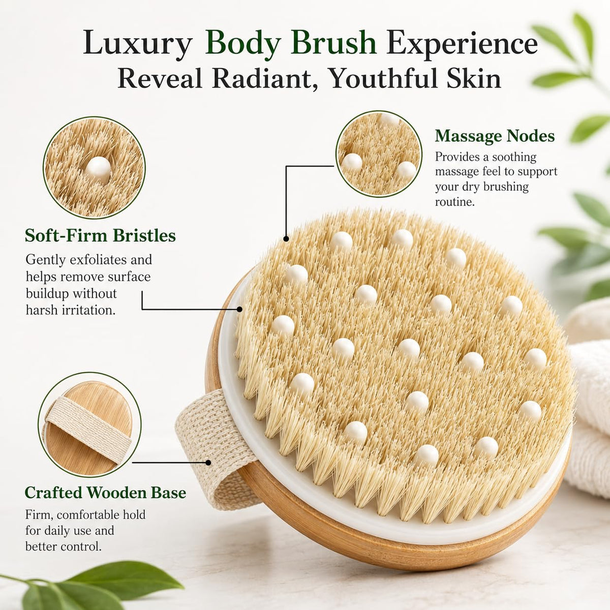 Vera Essence Dry Body Brush for Women & Men, Dry Brush for Lymphatic Drainage, Exfoliating Body Brush with Natural Boar Bristles, Massage Nodes & Bamboo Base for Dry Skin