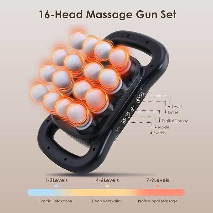 GAXEZO 16 Head Massage Gun Set, Deep Tissue Percussion Massager, 2600mAh Electric Massage Tools with 9 Styles & Levels, Black