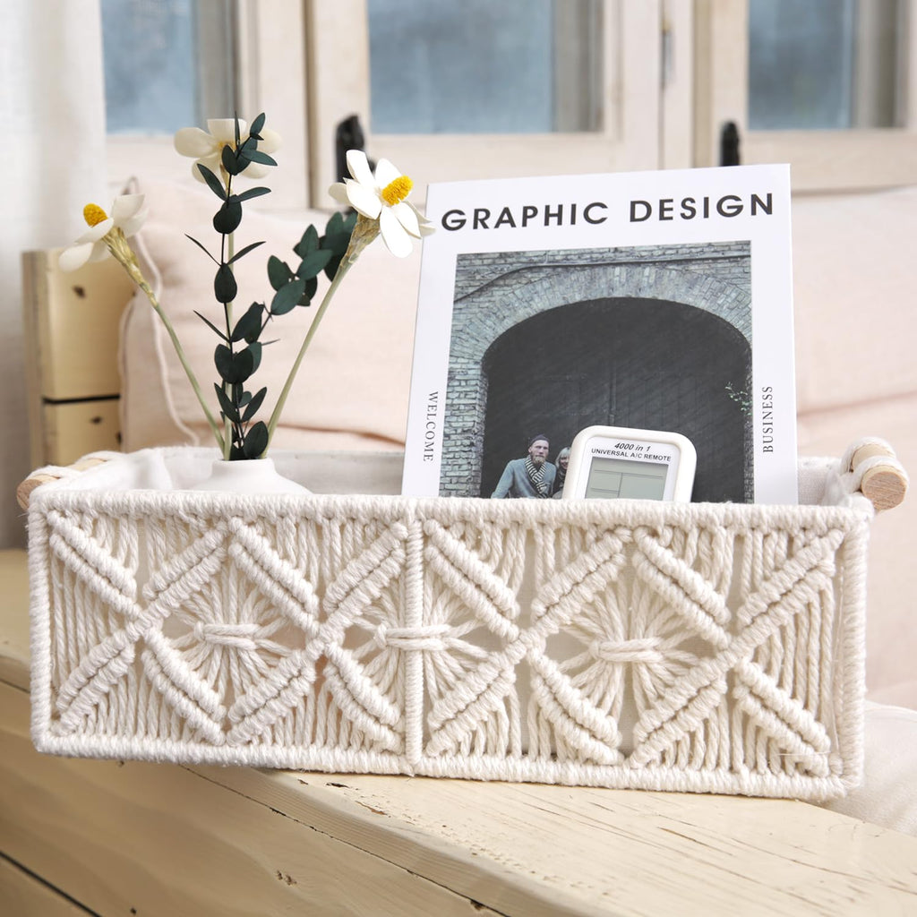 Nonam 2pc Macrame Storage Baskets, Boho Woven Boxes for Home Org, White
