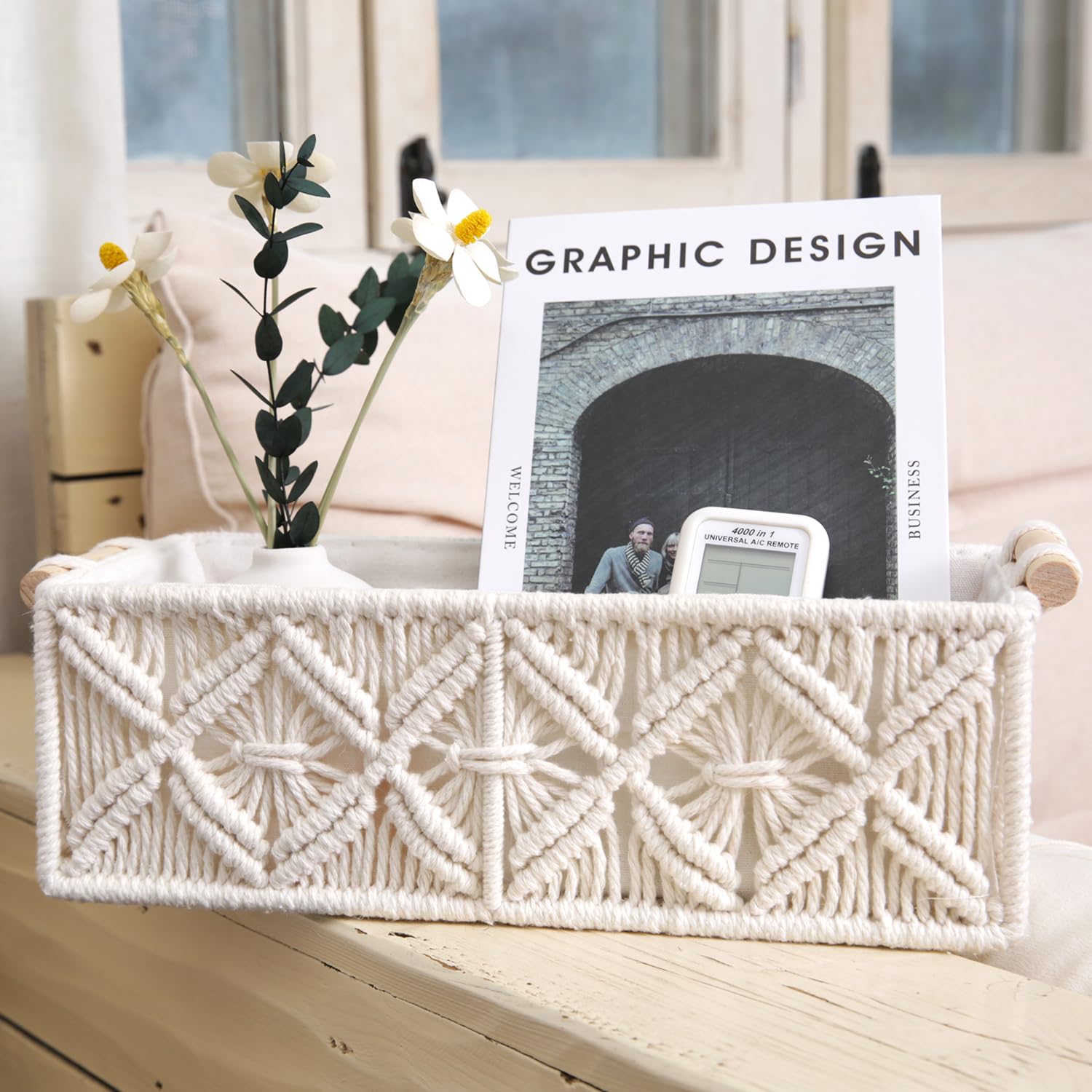Nonam 2pc Macrame Storage Baskets, Boho Woven Boxes for Home Org, White