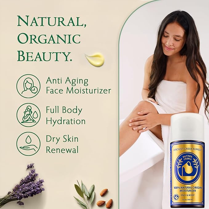 Ancient Greek Remedy Organic Face Moisturizer for Dry Skin - Anti Aging Face & Body Butter Cream - Almond, Jojoba, Olive, Rosehip, Vitamin E, Lavender Oil. Natural Lotion for Women & Men 3.4 oz