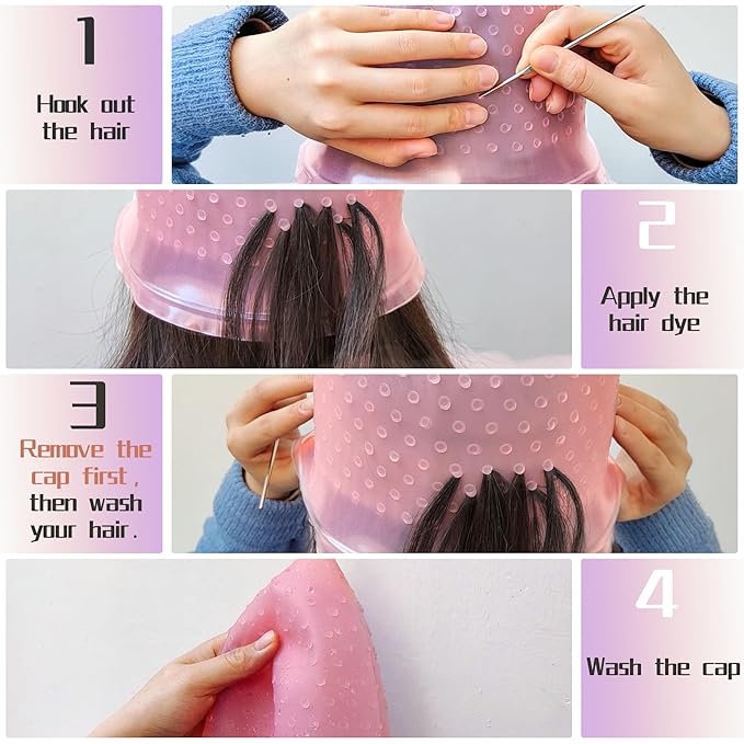 9 Pcs Highlight Cap Kit, Silicone Highlighting Cap Hair Dye Cap with Holes Reusable Highlighting Cap with Hook for Home Salon Professional Hairdressing Dyeing Staining Tools Set for Women Men