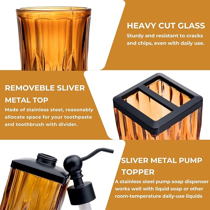 ZIVQEXMURL Amber Bathroom Accessories, Thick Etched Glass & Zinc Alloy Pump