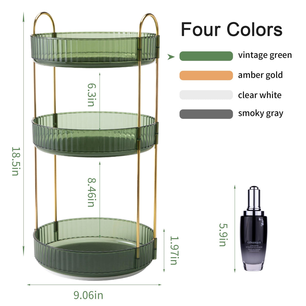 YCIA&DONE 360 Rotating Makeup Organizer and Storage for Vanity Countertop 3 Tiers, High Capacity Cosmetic Skincare Perfume Organizers for Dresser Bathroom Lazy Susan (Vintage Green)