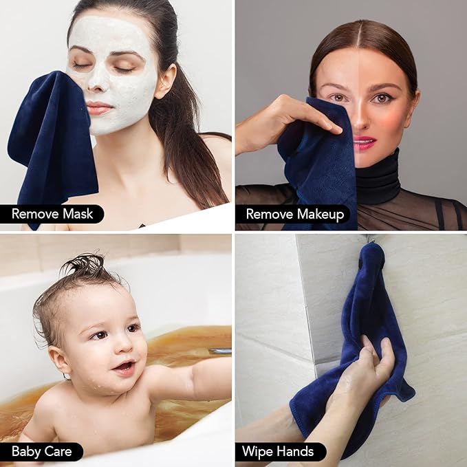 SINLAND Microfiber Facial Cloths Fast Drying Washcloth 12inch x 12inch (Pack of 10, Navy Blue)