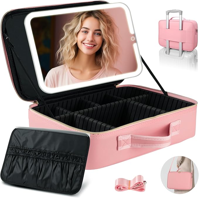 15''X11'' Large Makeup Bag with Removable Lighted Mirror, PU Leather
