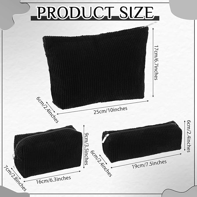 Huhumy 3 Pcs Makeup Bag Set for Women Corduroy Cosmetic Pouch Aesthetic Smile Travel Toiletry Bag Cute Purse Pouch Pencil Case Makeup Brushes Storage Organizer with Zipper(Black,Solid Style)