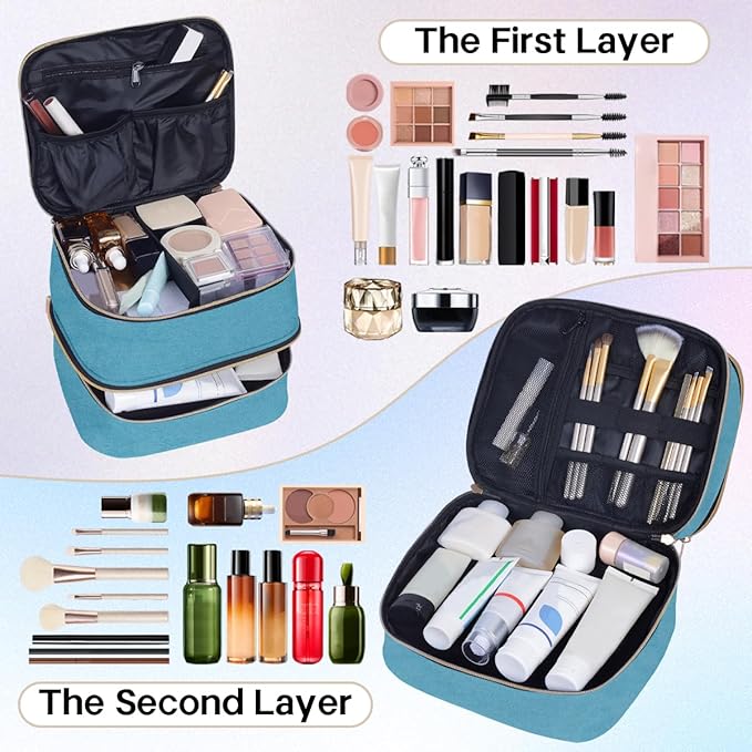 TANPADUAJI Double Layer Makeup Bag Portable Large Cosmetic Case Organizer with Adjustable Dividers Storage Travel Bag for Accessories Brushes Conditioner and Skin Care Products (Green)