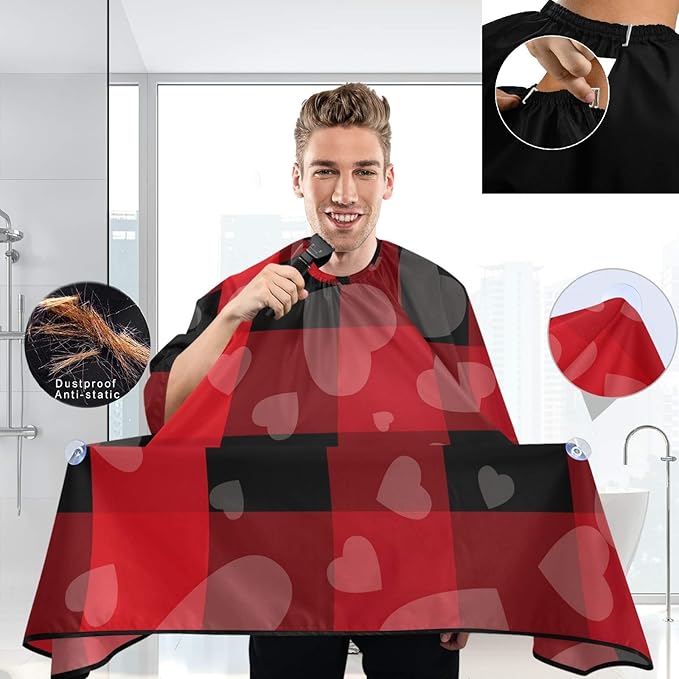visesunny Mothers Day Heart Tartan Buffalo Check Plaid Barber Cape Anti-Static Hair Cutting Cape with Snap Closure Professional Salon Polyester Cape Barber Water-Resistant Hairdressing Cape