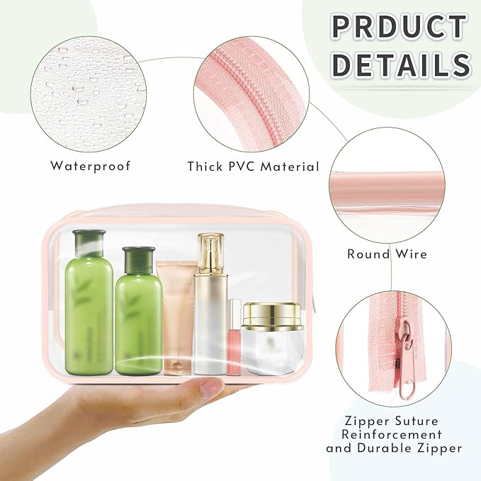 GONITYOU 16 Pieces Clear Makeup Bags Bulk, TSA Approved Toiletry Bags Travel Pouch, Waterproof PVC Plastic Small Clear Cosmetic Bags with Zipper for Organizing (Light Pink Border)
