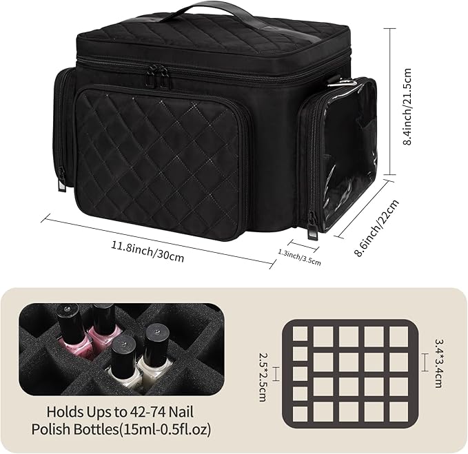 Bagmoly Nail Polish Organizer, Nail Polish Storage Holds 42+ Bottles & Nail Lamp, Portable Travel Nail Kit Storage Carrying Case Fits Nail Suppiles, Gift for Manicurist, Grils - Black