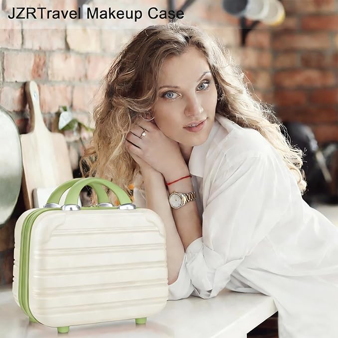 JZRTravel 14 Inch Hard Makeup Train Case PC ABS Portable Cosmetic Travel Case Mini Suitcase Organizer for Make up Toiletries Toys Clothes Storage with Handle Elastic Strap