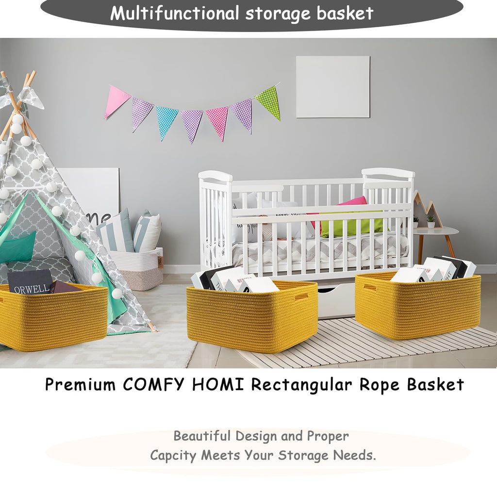 COMFY-HOMI Cotton Rope Woven Basket with Handles for Shelves,Toys,Book, Cloth Storage Baskets Bin for Organizing- 1 PCSToy Decorative Organizer for Living Room, Bathroom 17" x 13" x 7.5"