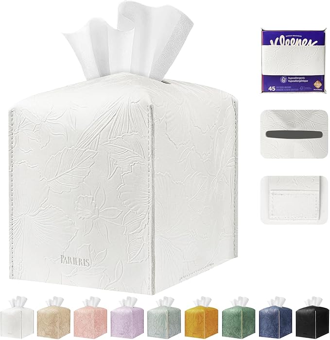 PARIERIS Tissue Box Holder Cover Square Tissue Cube Cover PU Leather Tissue Organizer with Bottom Belt for Bathroom, Tabletop, Kitchen, Night Stands, Office, Home, Car (1, White)