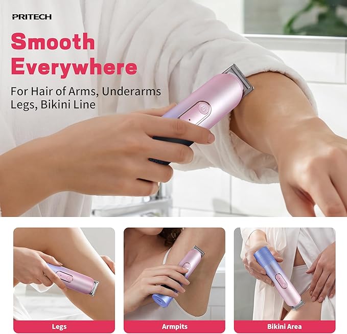 PRITECH Pubic Hair Trimmer Women - Rechargeable Bikini Trimmer for Women Sensitive Skin, Wet & Dry Use, Pain-Free Electric Razor&Shaver with Standing Recharge Dock, Ideal Gift