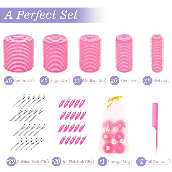 5 Size Hair Rollers, 72Pcs Roller Set, Hair Curlers for Blowout Look Long, Short Hair, Jumbo Large Big Small 30 Hair Rollers, 40 Roller Clips, Tail Comb, Storage Bag