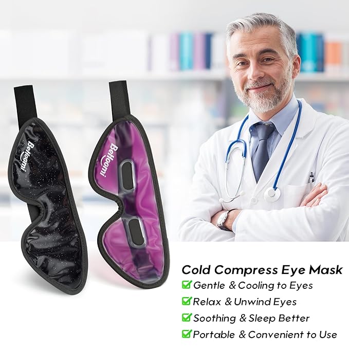 BeHoomi 2Packs Cooling Eye Masks, Ice Eye Mask Cold Compress for Eyes, Reusable Cold Gel Eye Mask for Eye Relaxation, Comfort Snug Fit, Eye Cover for Home, Office, Black & Purple