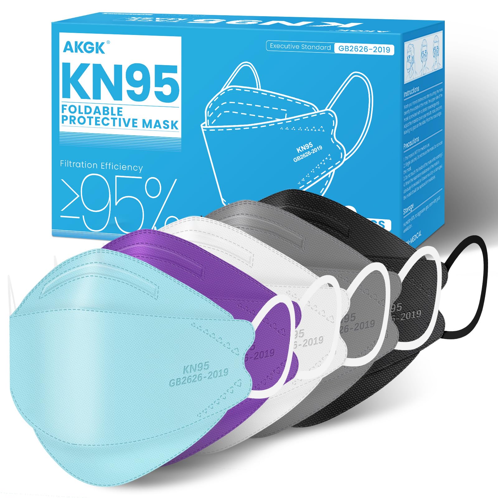 akgk KN95 Face Masks 50 Pack, 5-Ply Disposable Multicolor Face Mask Against PM 2.5 Smoke and Dust