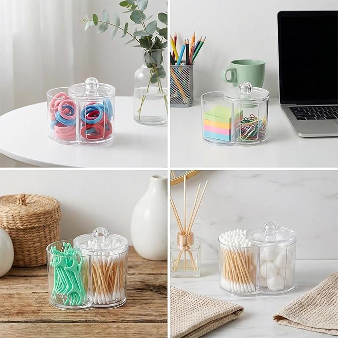 Yolev Qtip Holder with Dual Compartments Clear Cotton Round Holder Plastic Vanity Canister with Removable Dustproof Lid Cotton Swab Container for Cottons Swabs Makeup Storage Container Accessories