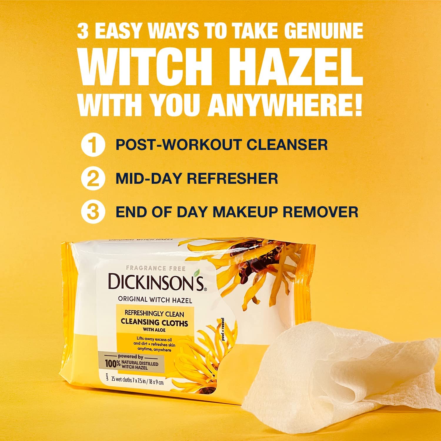 Dickinson's Witch Hazel Cleansing Cloths with Aloe | 25 Ct (Pack of 4)
