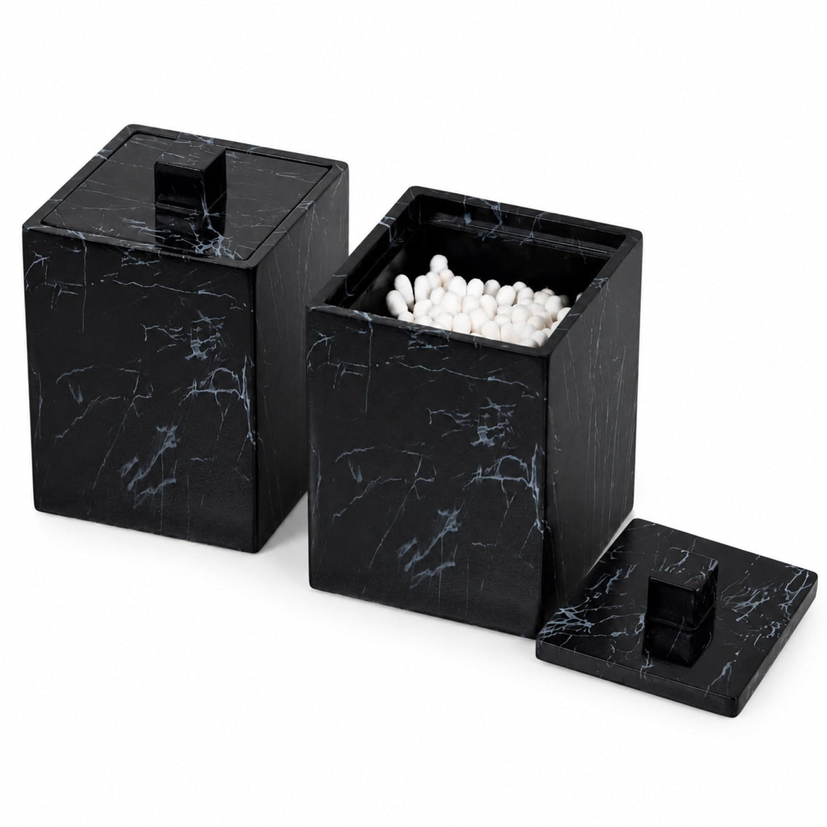 Jung Ford 2-Pack Marble Pattern Cotton Swab Holders with Lids, Resin Bathroom Vanity Storage Jars, Square Qtip Containers for Cotton Balls, Pads, and More (Black)