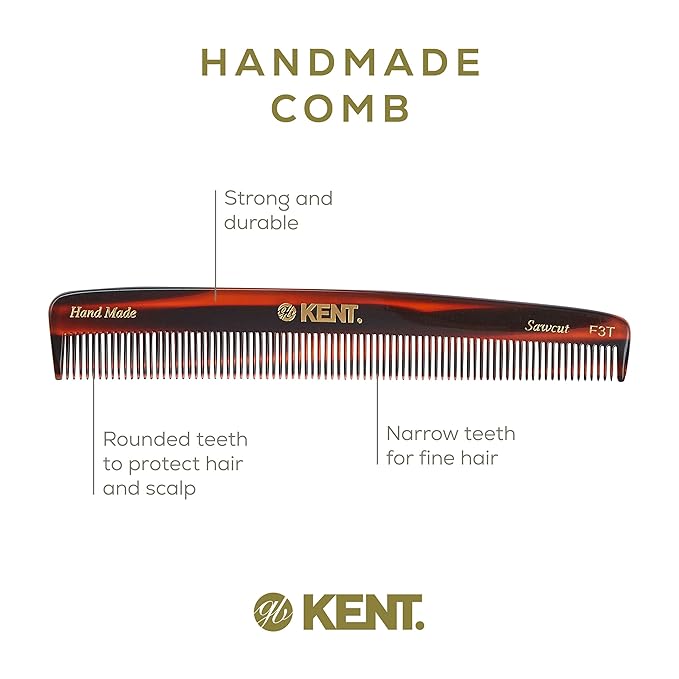 Kent F3T Tortoise Fine Tooth Comb - Hair Parting and Straightening Comb for Men's & Women's Dandruff Remover, Saw Cut and Hand Polished Made in England