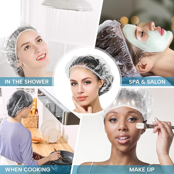 YIZIJIZI 50PCS Disposable Shower Caps, Large Thick Clear Waterproof Shower Cap for Women, large Size 20.5", Home Use, Spa, Hotel and Hair Salon, Clear Shower Caps for Travel
