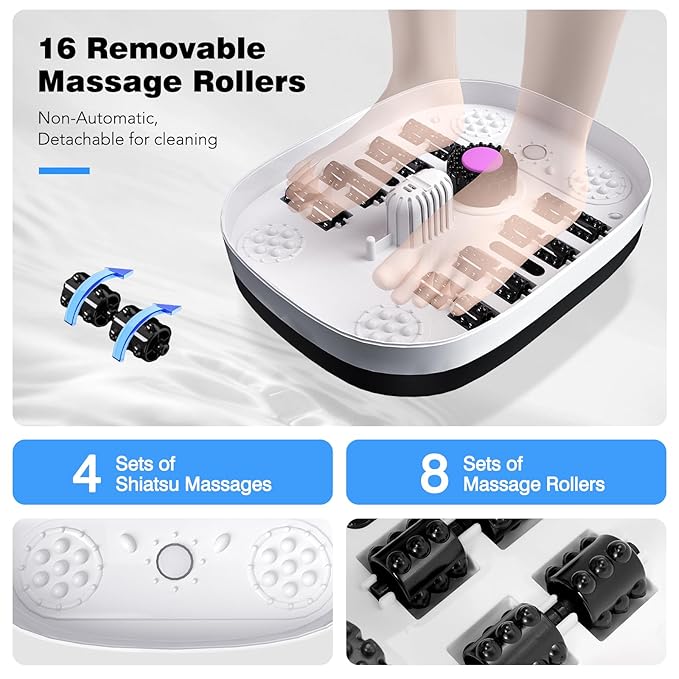 KNQZE Collapsible Foot Spa Bath with Heat & Remote Control, Bubble Massage, Temperature Control, Red Light, Timer, 16 Rollers & Pumice Stone for a Soothing Spa Experience