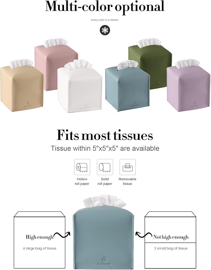 Tissue Box Cover, Jeethemy Square PU Leather Tissue Box Holder, Modern Tissue Case Facial Paper Organizer Dispenser，5X5X5'',Single Blue
