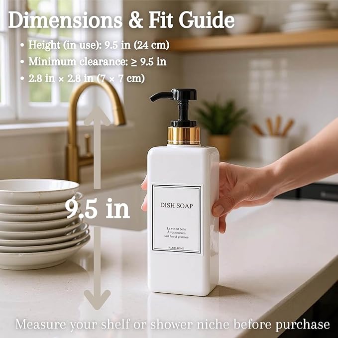Modern Gold Design Shampoo and Conditioner Dispenser - Large 27oz Shower Soap Dispenser, Set of 3 Refillable Empty Plastic Pump Bottles for Bathroom and Body Wash (6 Waterproof Labels Included), Black