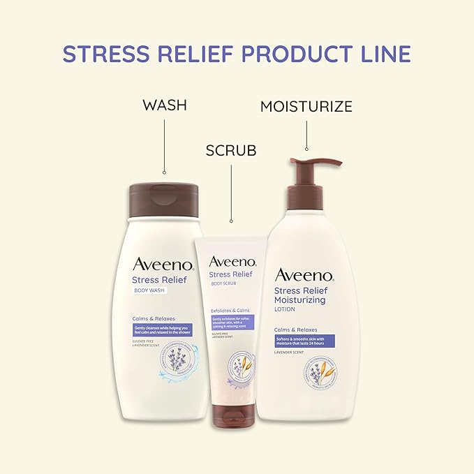 Aveeno Stress Relief Moisturizing Body Lotion with Prebiotic Oat & Lavender Scent for Sensitive Skin, Calms & Relaxes with 48 Hour Hydration, Fast Absorbing & Non-Greasy, 12 fl. oz