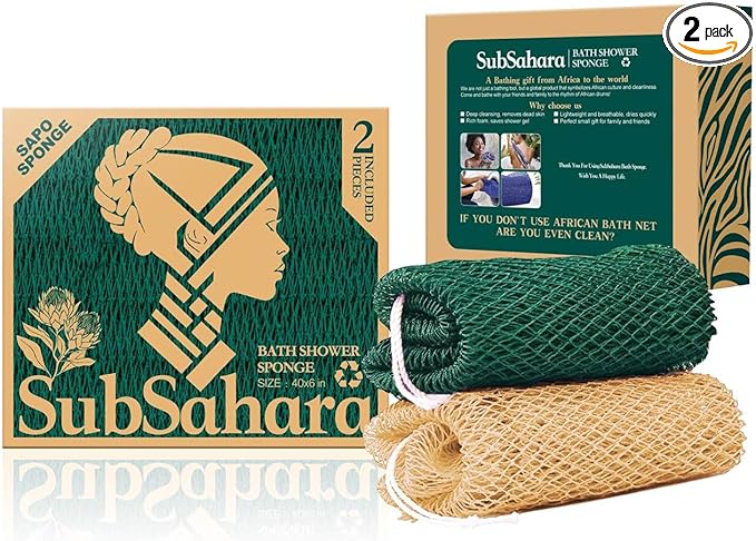 SubSahara Authentic African Net Sponge, 4 Pack 45-Inch Exfoliating Bath Sponge and Shower Loofah for Body and Back, Colorfast Quick-Dry Knotted Mesh Scrubber with Travel Pouch
